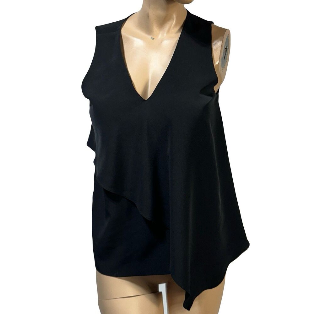 H HALSTON Black Sleeveless Blouse Top Size S Asymmetrical Overlay V-Neck